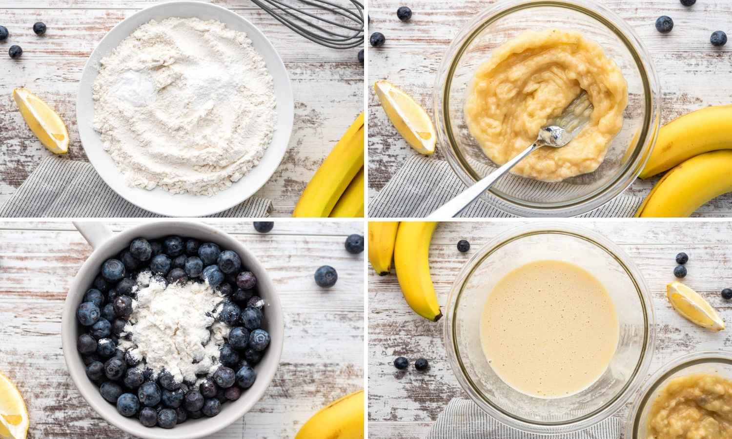 Collage of four images showing how to make banana blueberry muffin batter