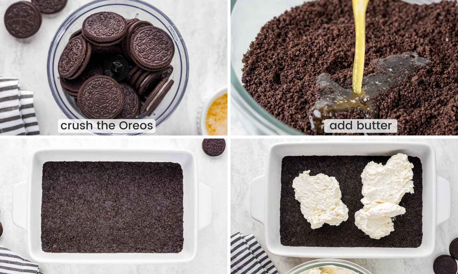 Collage of four iimages showing how to crush Oreos, add butter, and press it in a pan then add cool whip.