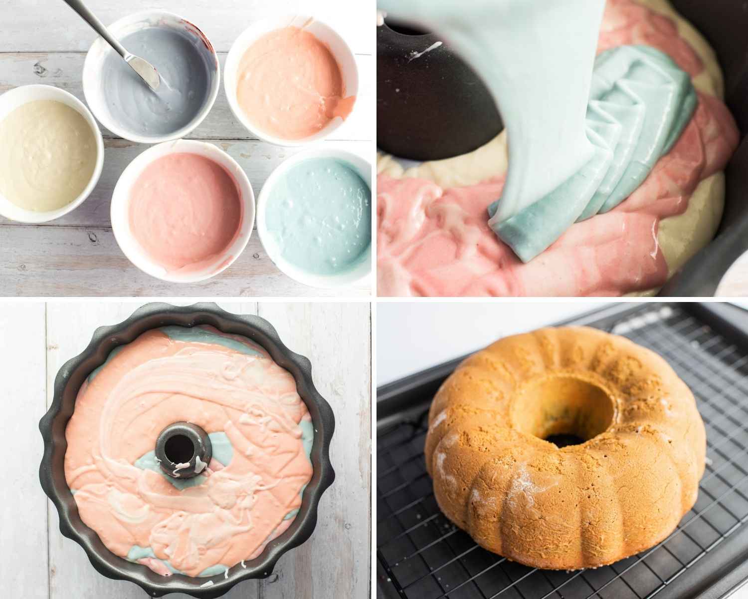Collage of four images showing how to make a unicorn bundt cake