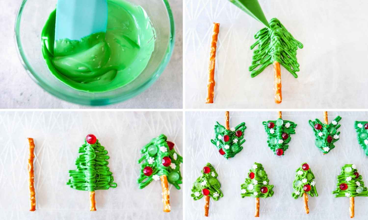 Collage of four images showing how to make candy melt christmas trees