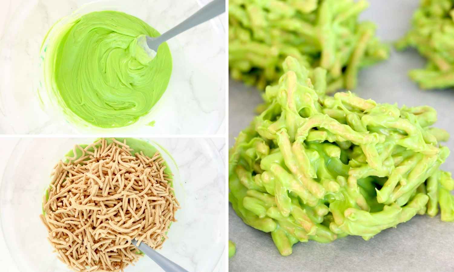 Collage of three images showing how to make green haystacks