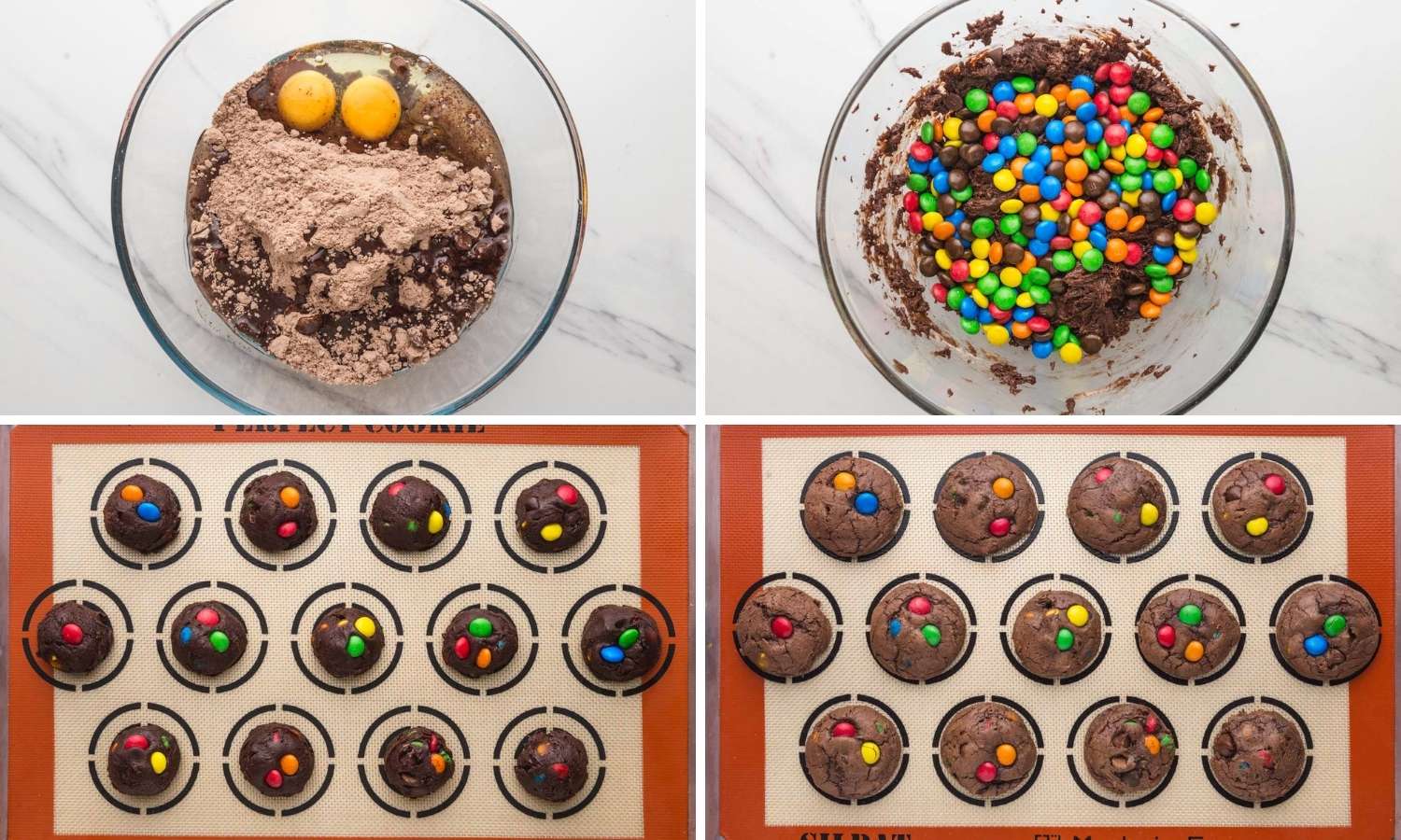 photo collage showing four steps  needed to make cookies from brownie misx