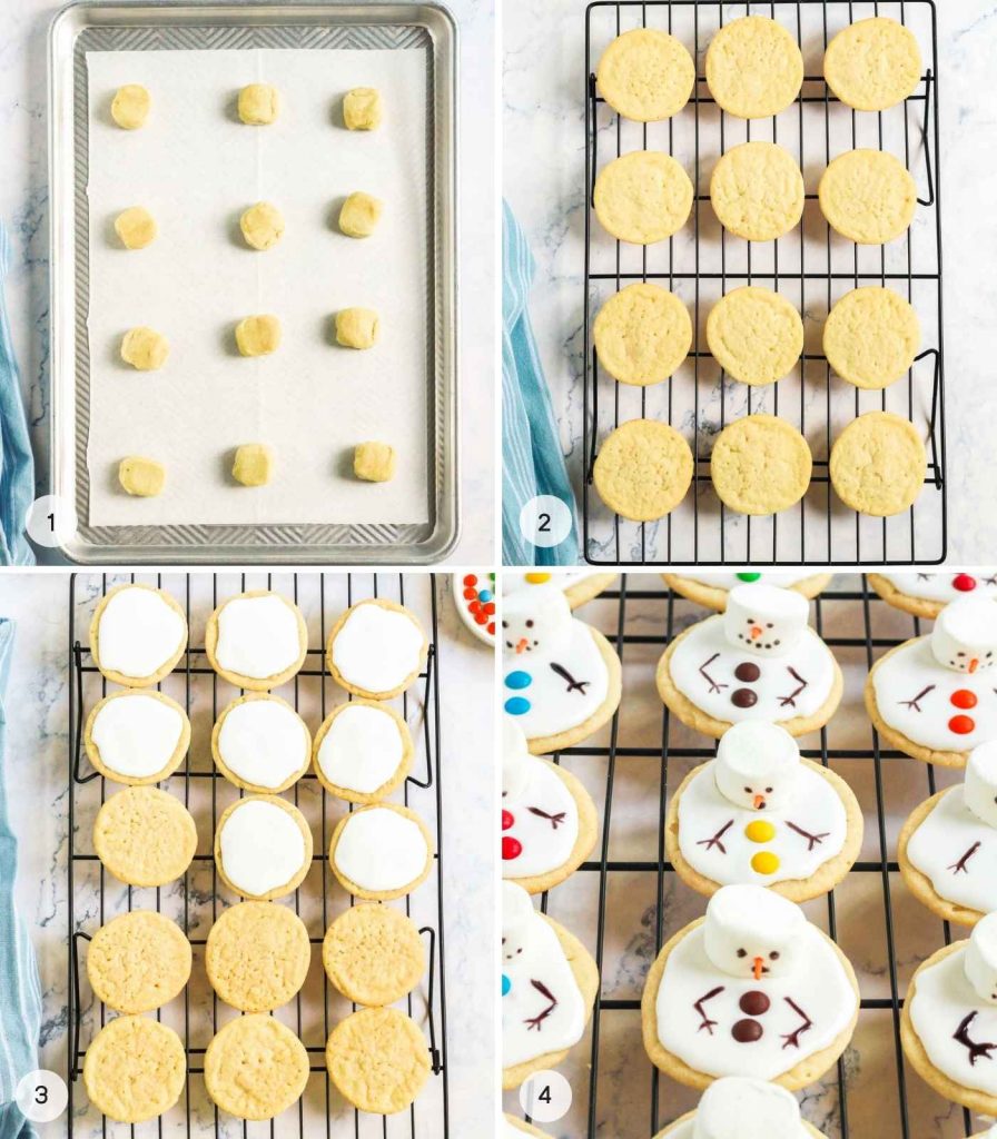 Photo collage showing the steps needed to make melted snowman cookies