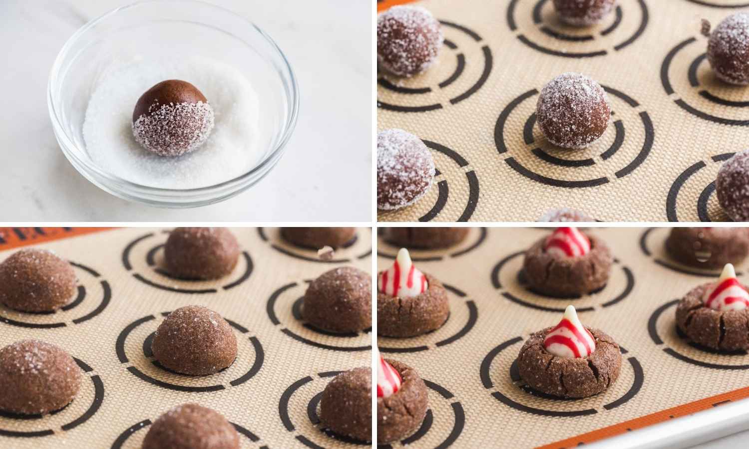 photo collage of four images showing how to bake chocolate peppermint cookies with candy cane kisses
