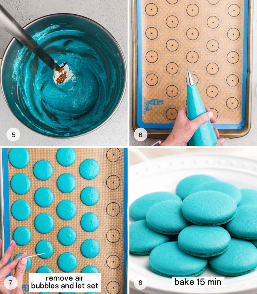 Photo collage showing four steps needed to bake mandalorian baby yoda macaron shells