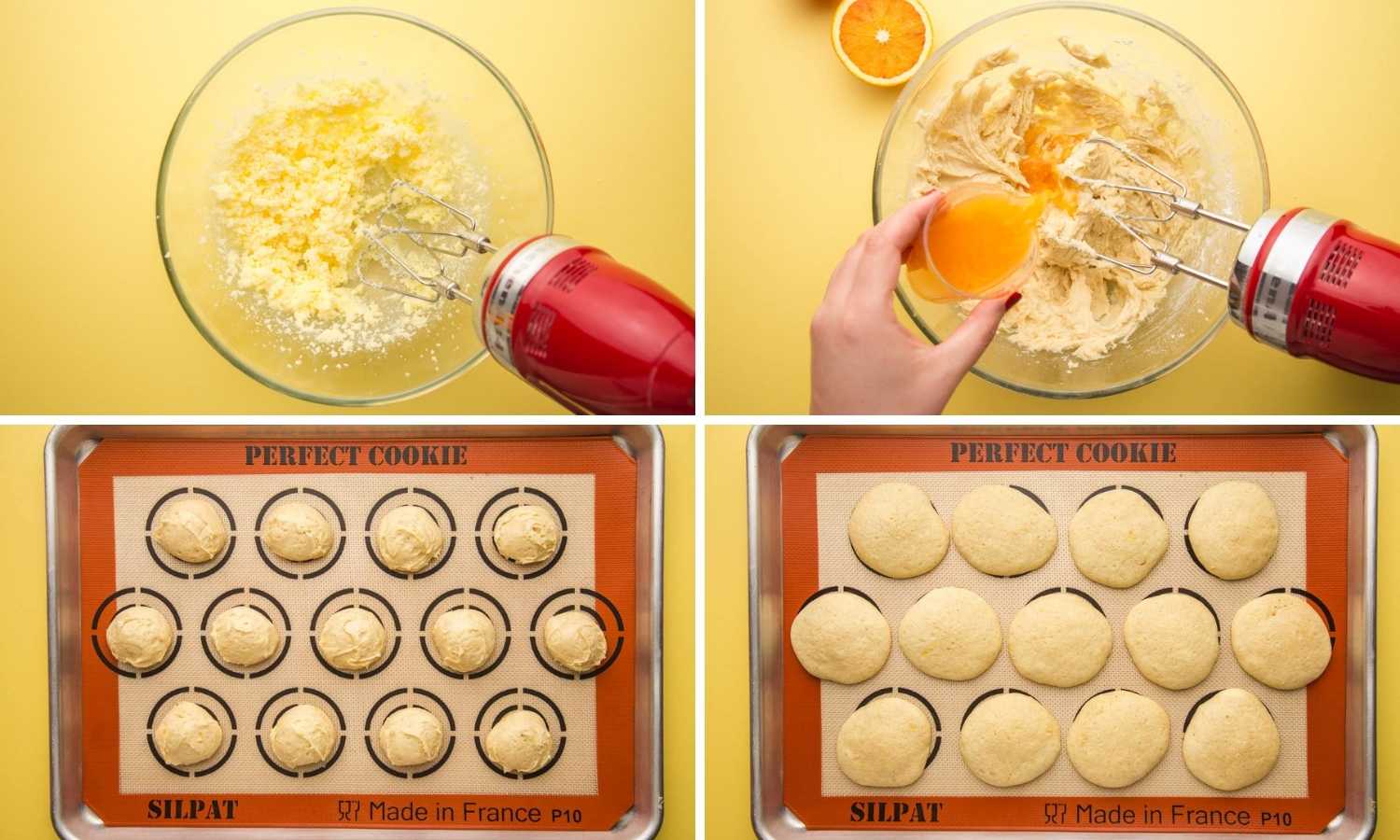 photo collage showing four steps needed to make orange cookie dough and bake them on a silpat mat.