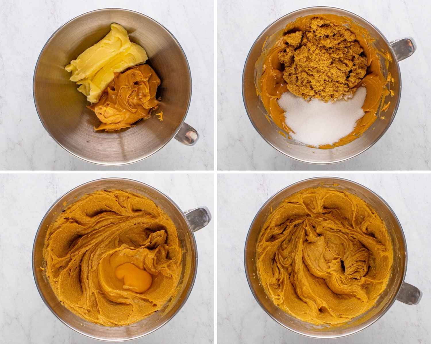 A photo collage showing four images of steps to make the dough for peanut butter cookies