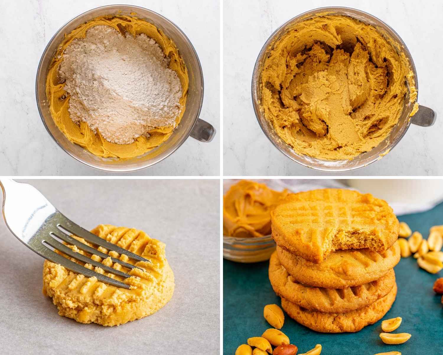 a photo collage showing 4 steps of finishing the dough for peanut butter cookies and pressing the cookies with a fork before baking