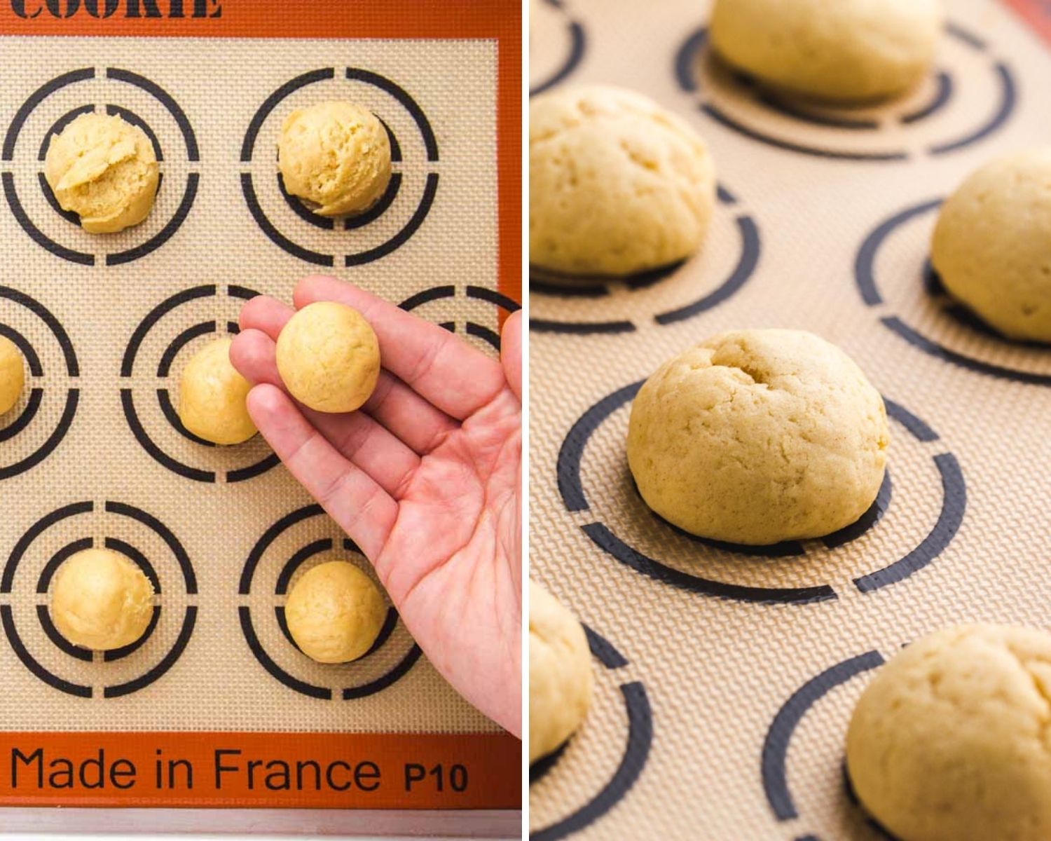 Two photos collaged together showing how to bake italian cookies on a silpat