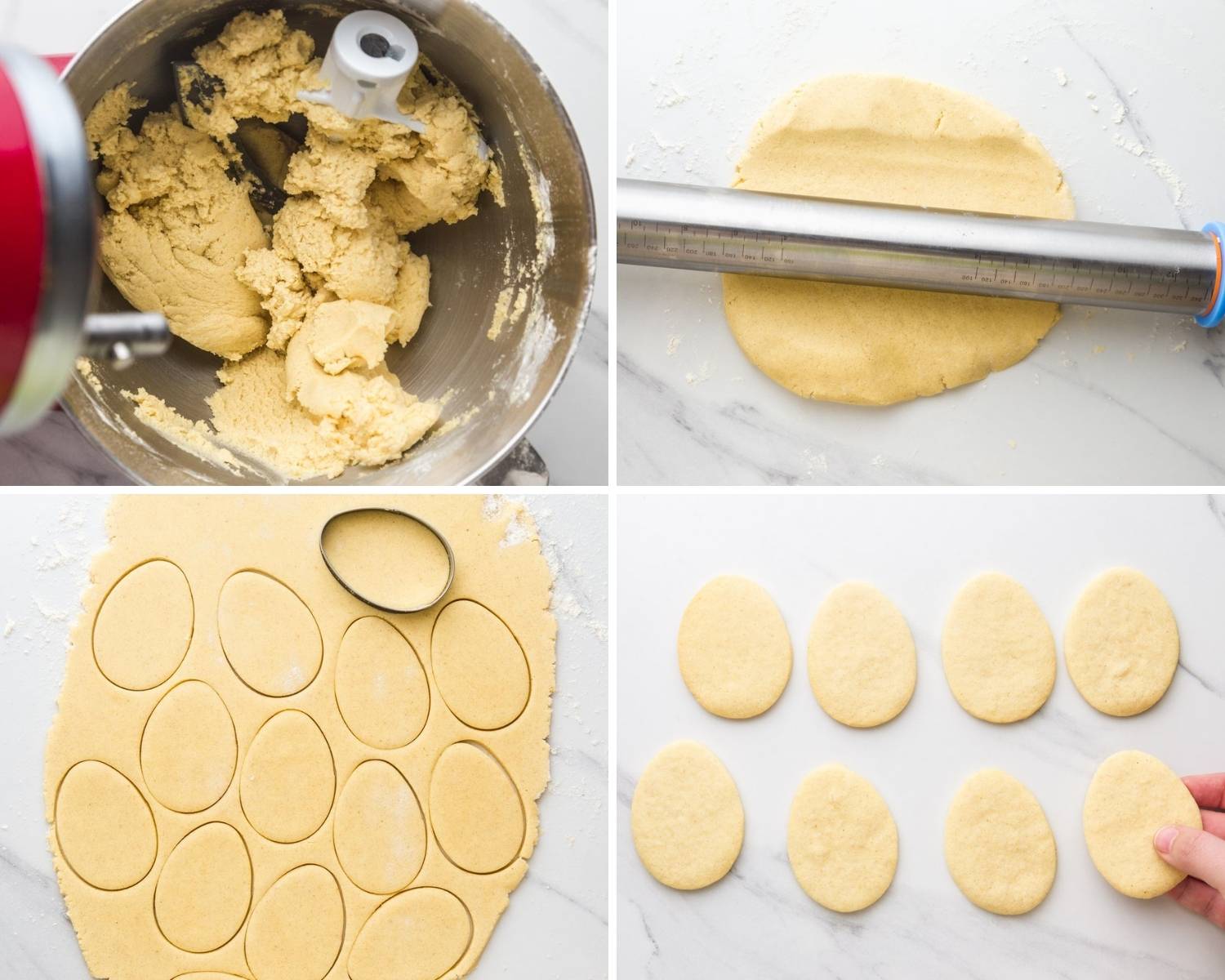a collage of four photos showing steps for making easter egg sugar cookies