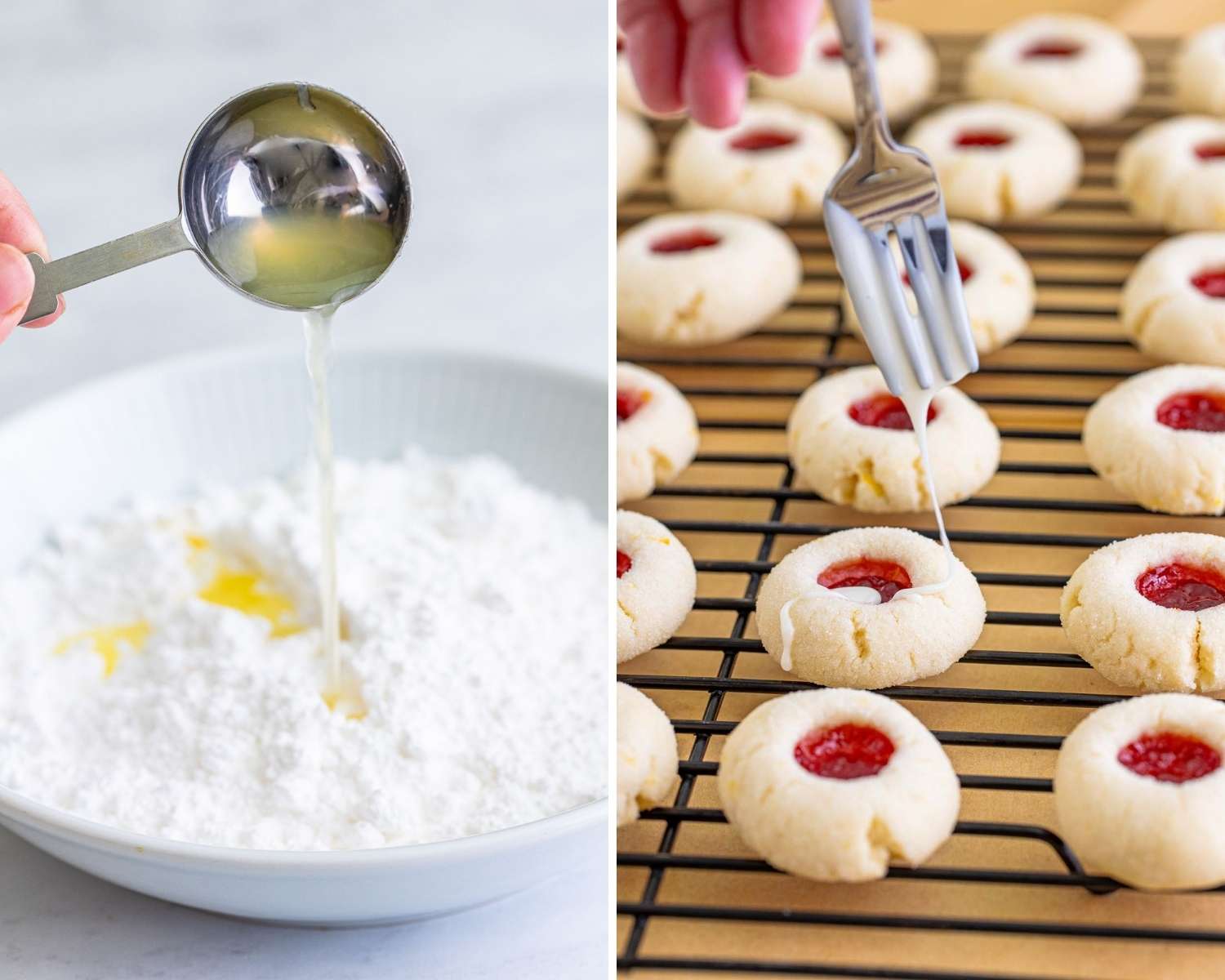 a photo collage of two images showing how to make a lemon glaze and drizzle it onto raspberry thumbprints