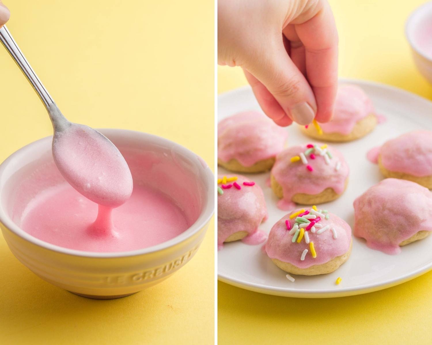 two photos collaged together showing how to make a pink glaze and how to decorate italian cookies with glaze and sprinkles