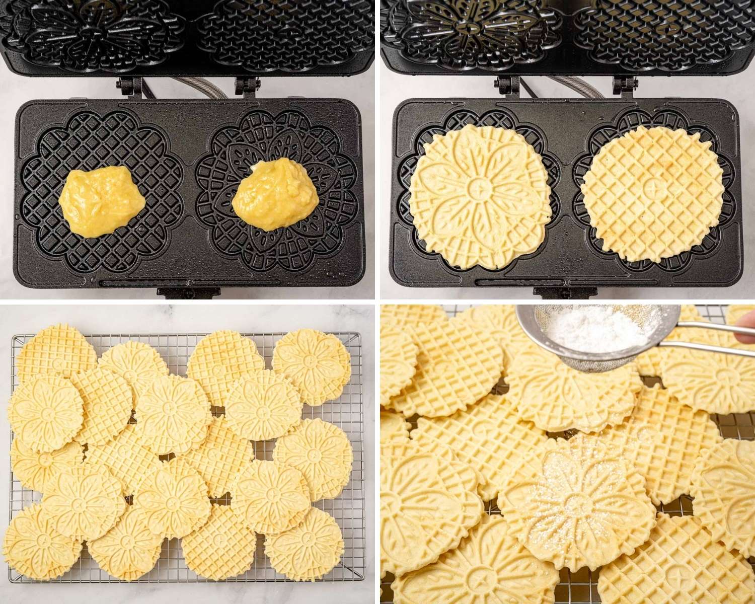 photo collage showing pictures of how to make pizelle cookies on a black pizzelle iron