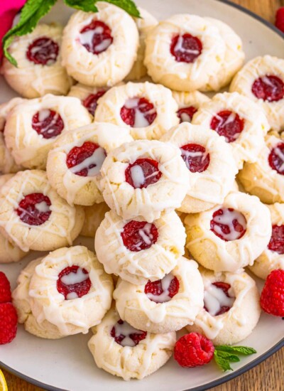 view from above of a platter or raspberry thumbprint cookies