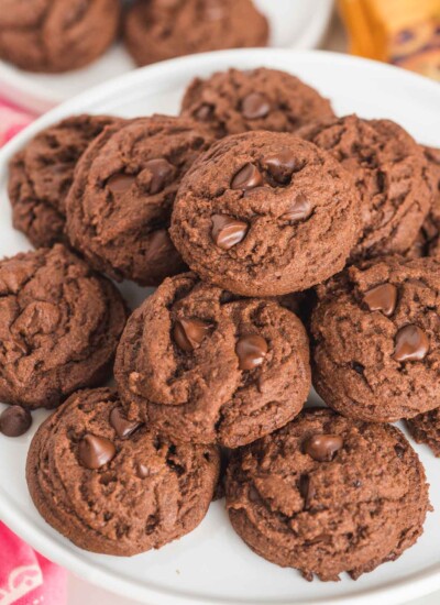 a large white plate filled with chocolate pudding cookies with chocolate chips