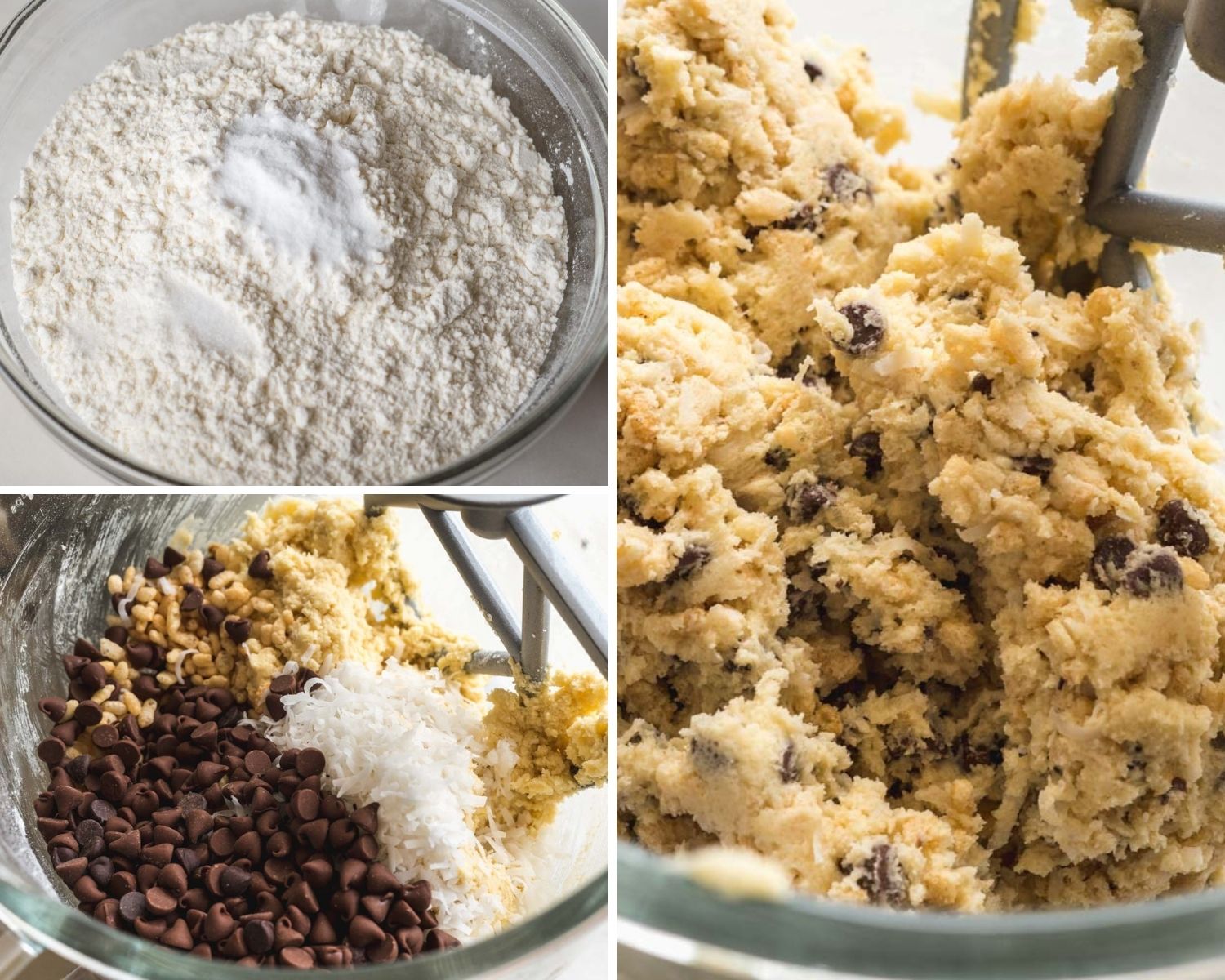 photo collage of three images showing how to make the dough for cookies with rice krispies