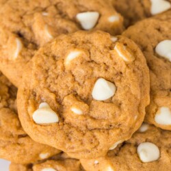 closeup view of a plate of pumpkin spice cookies with white chocolate chips