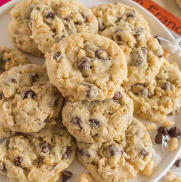 a plate of rice krispie cookies with chocolate chips
