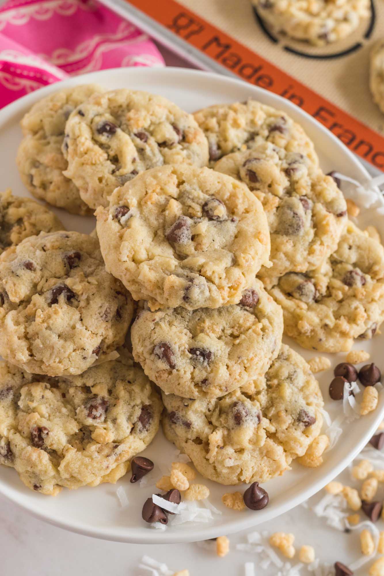 a plate of rice krispie cookies with chocolate chips