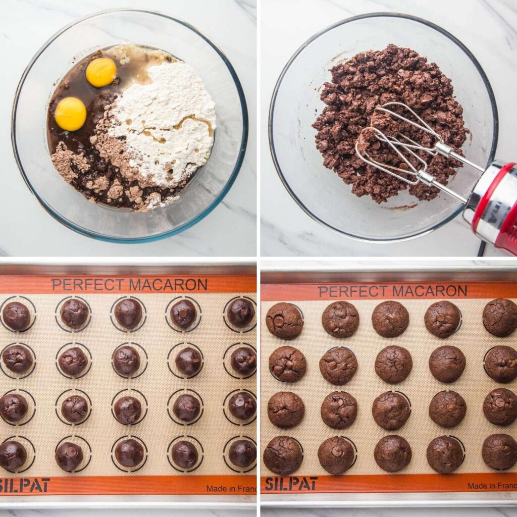 Collage of four images showing how to mix and bake brownie mix cookies
