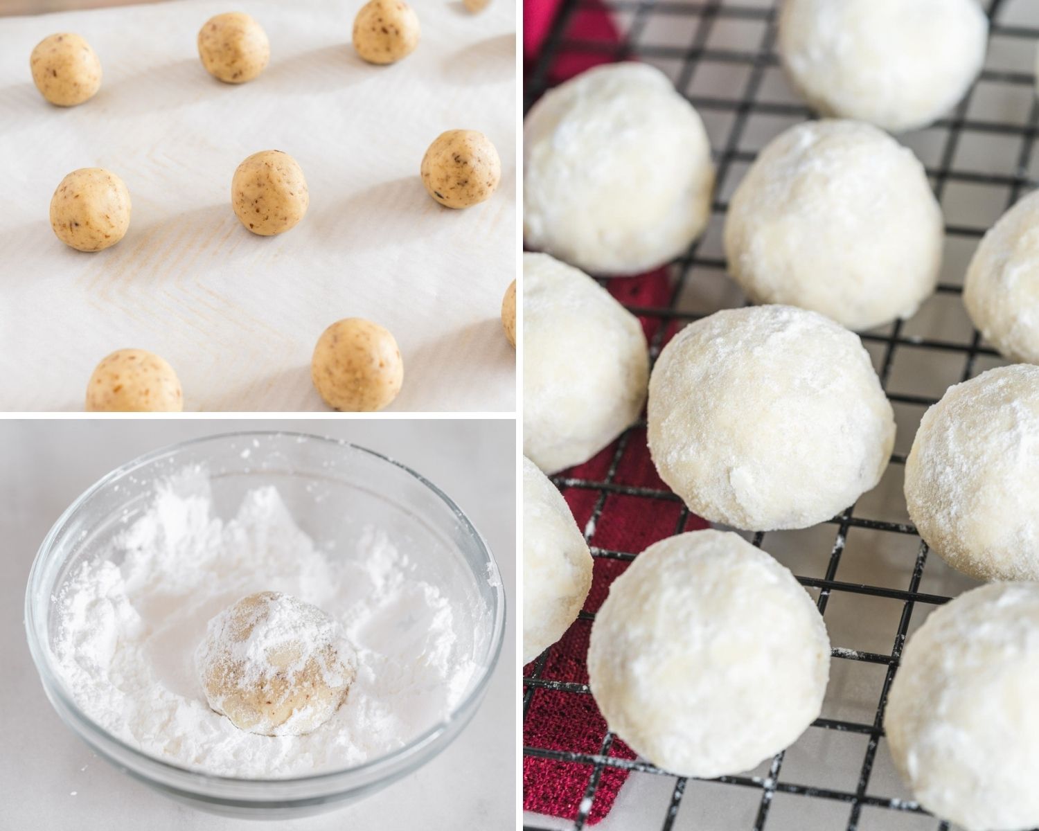 photo collage of three images showing how to roll meltaway cookies in powdered sugar