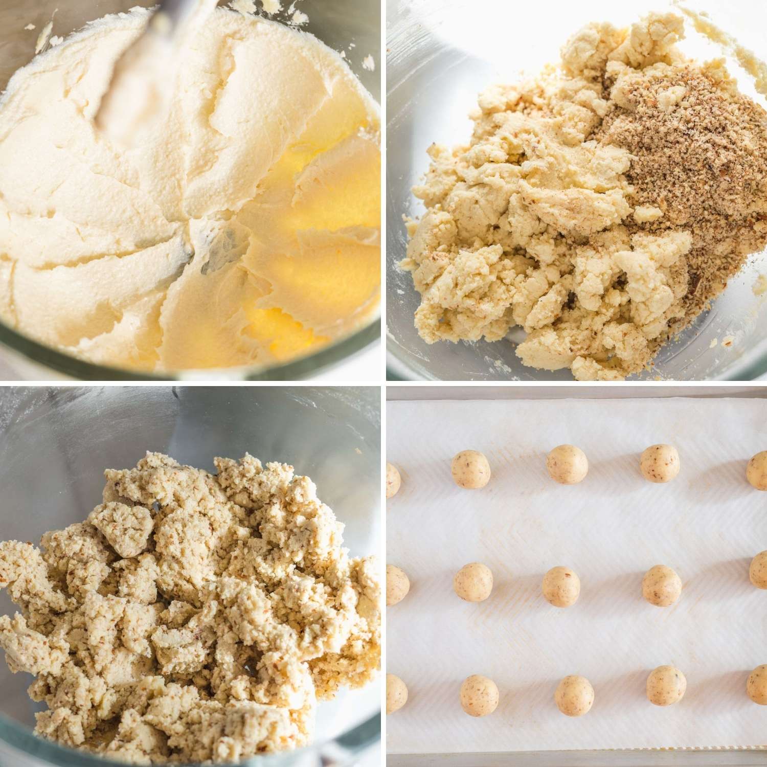 photo collage showing 4 steps needed to make pecan sandies dough