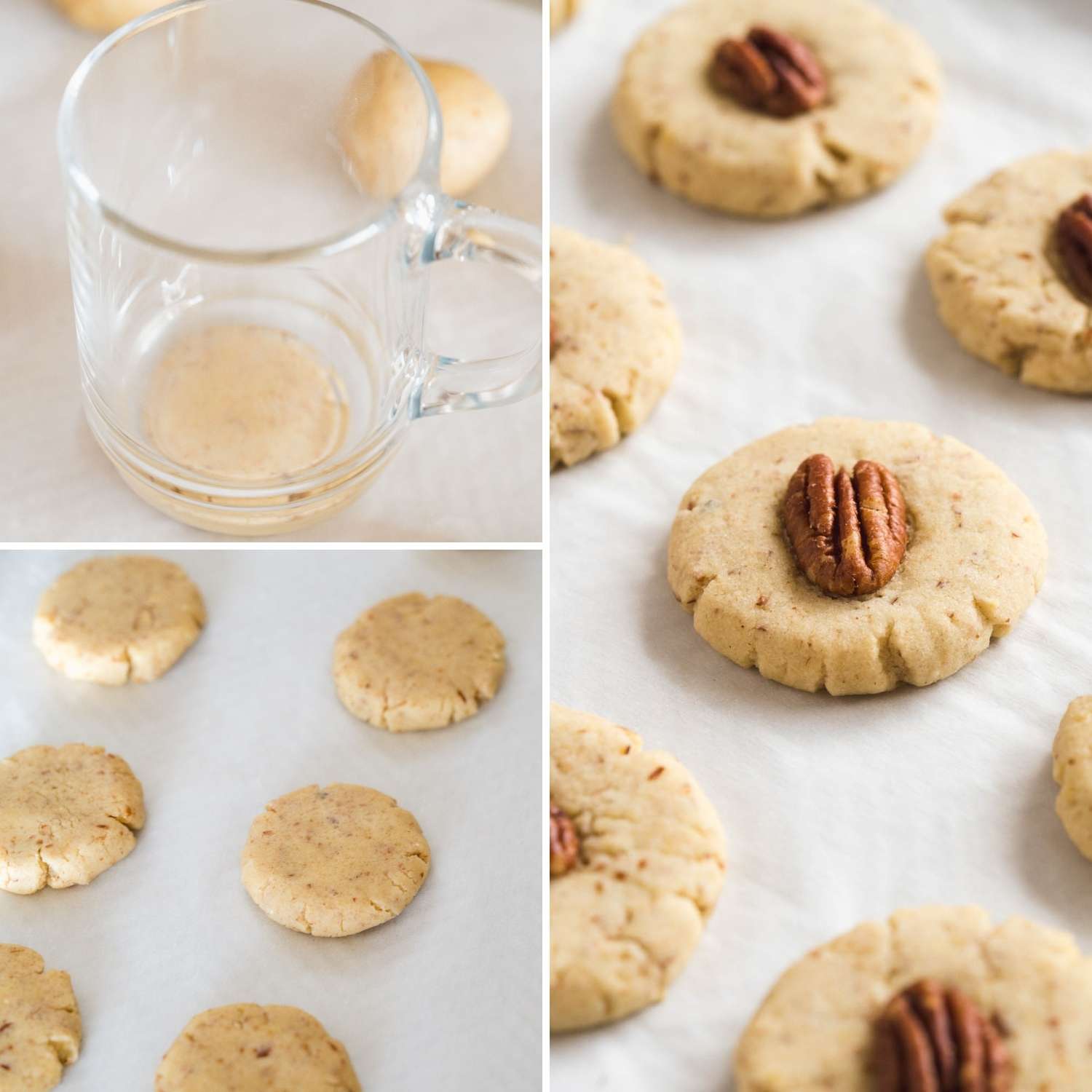 Photo collage of three images showing how to press and bake cookies with pecans
