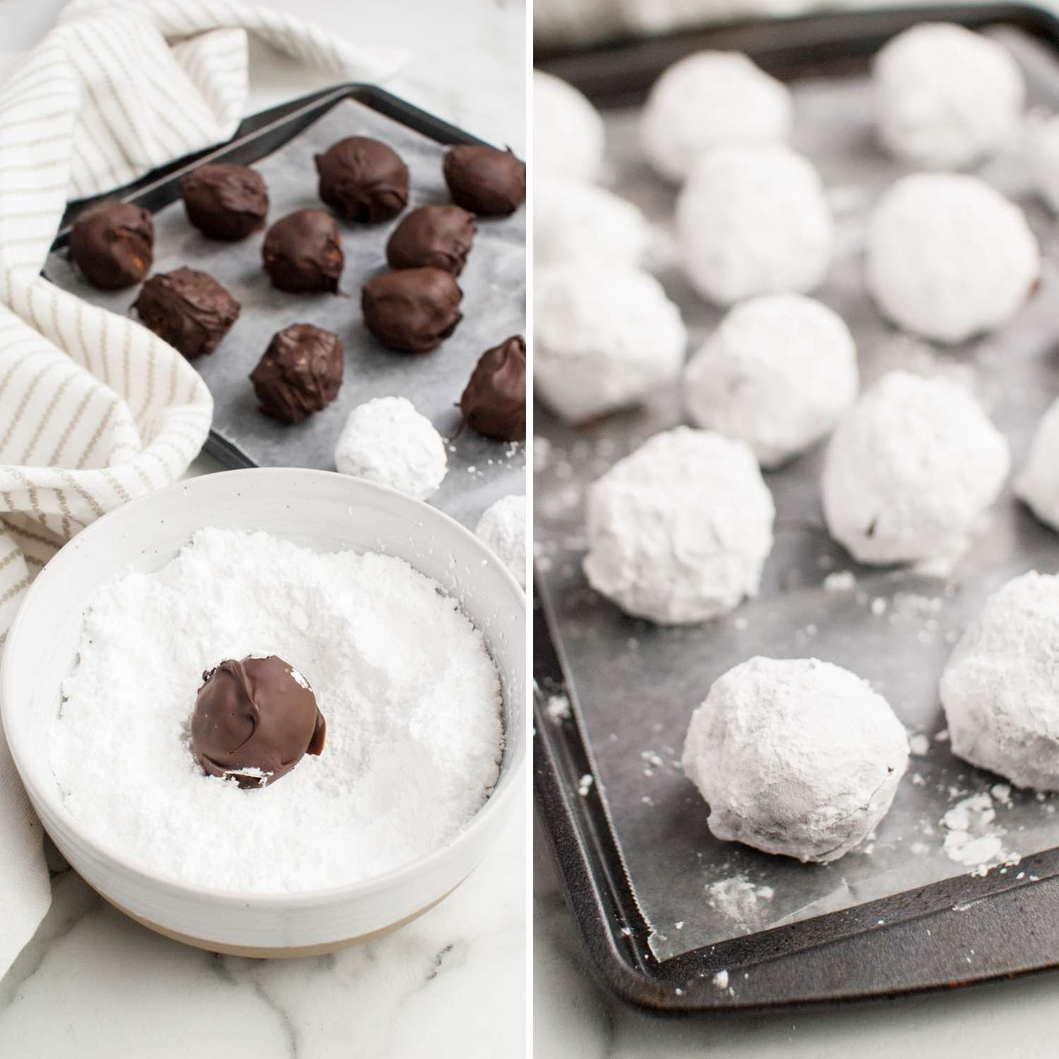 collage of three images showing how to cover chocolate coated truffles in powdered sugar