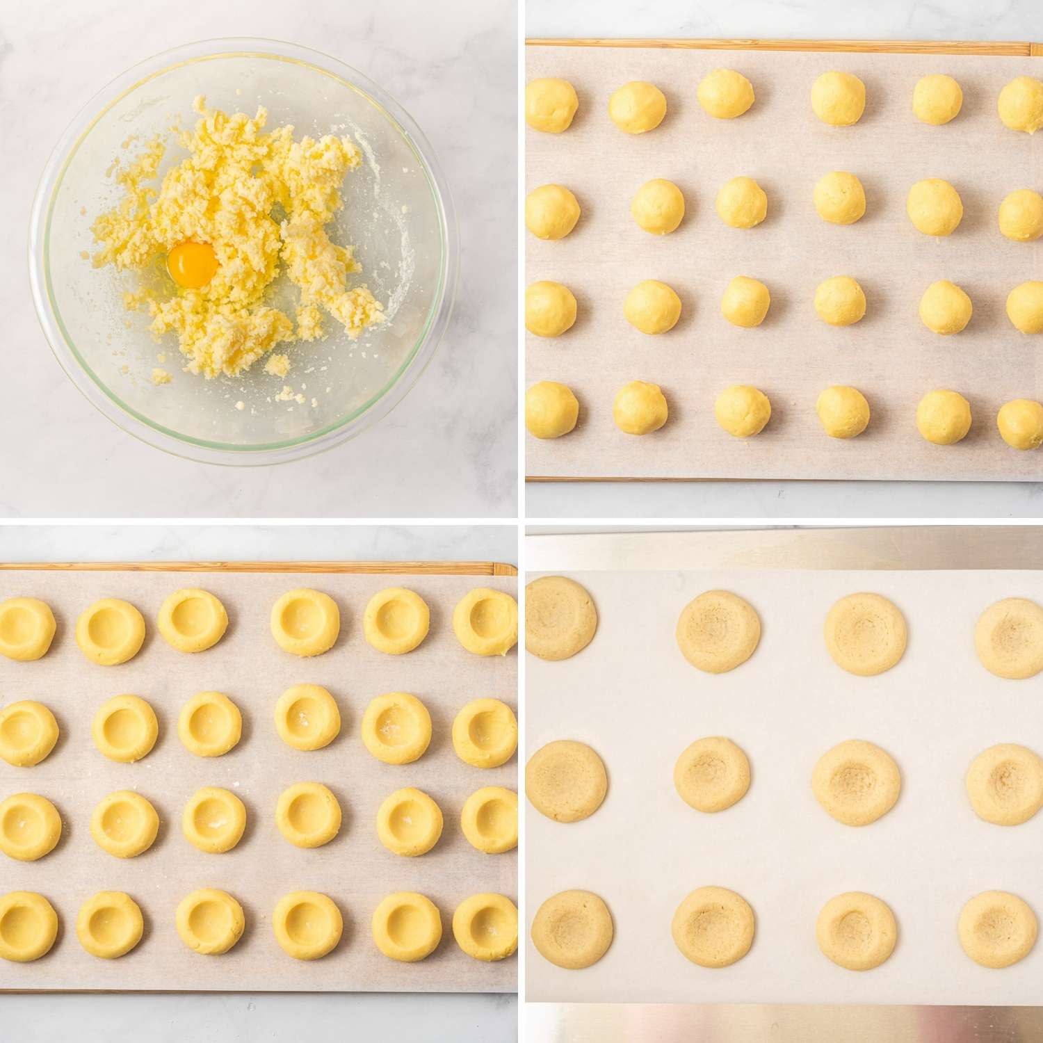Collage of four images showing how to make thumbprint cookie dough and shape it