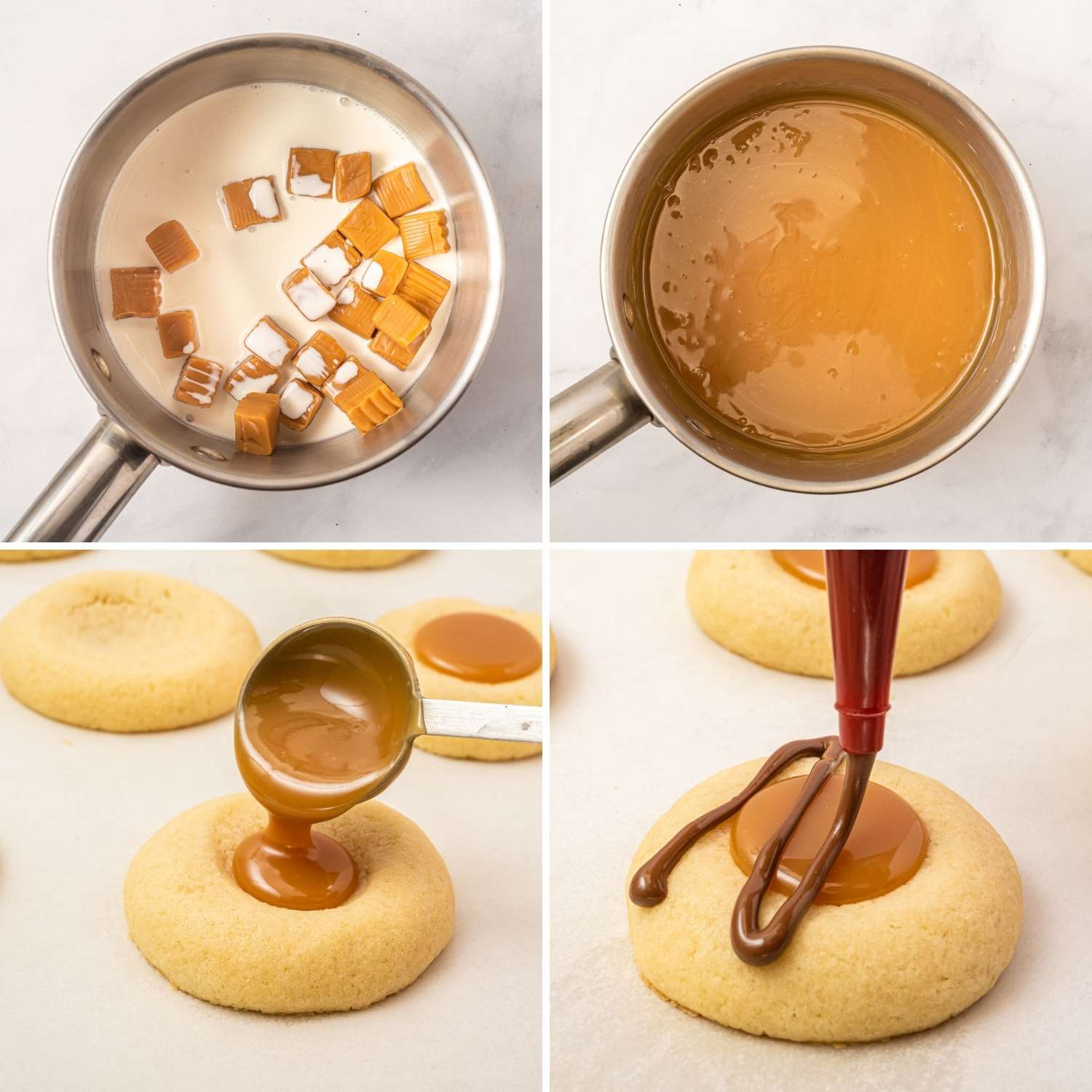 Collage of four images showing how to make caramel filling for twix thumbprint cookies