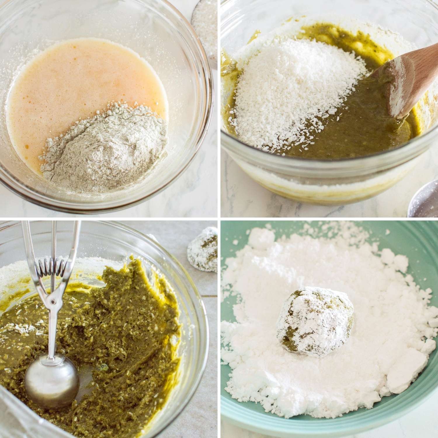 Collage of four images showing how to make matcha cookie dough and scoop out cookies
