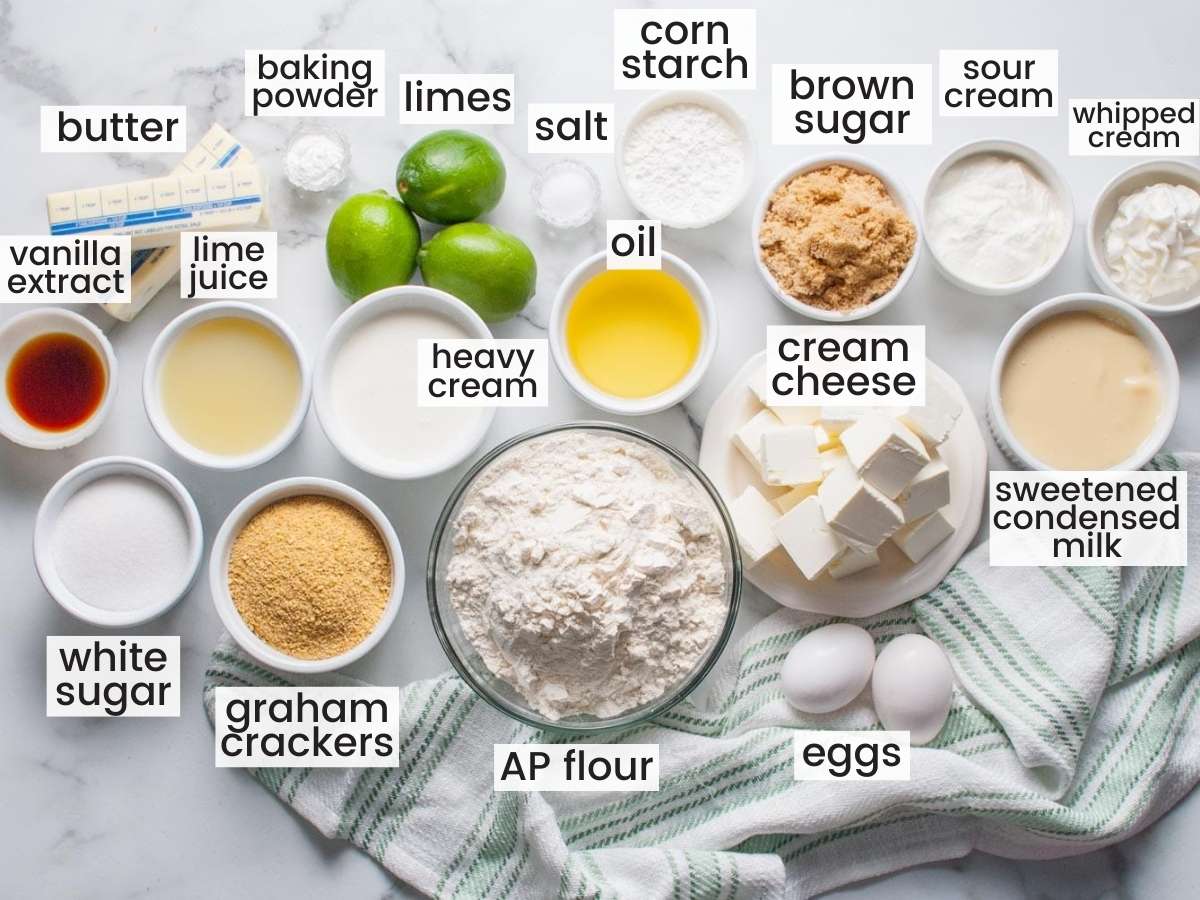 All of the ingredients for making crumbl key lime pie cookies, in small bowls and labeled with text overlays