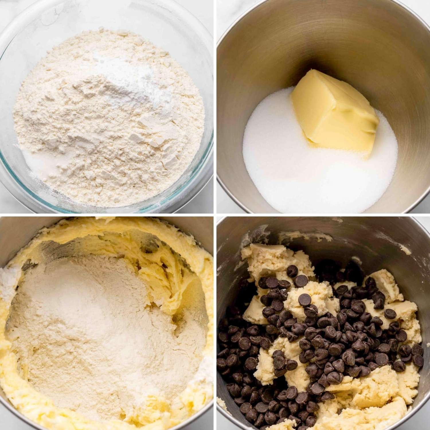 a collage of four photos showing steps to make chocolate chip cookie dough