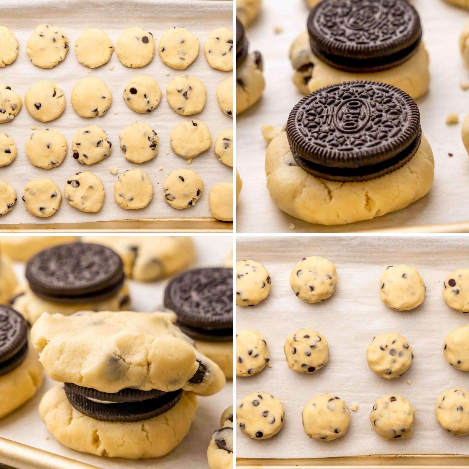 four photos laid out in a grid showing how to stuff an oreo into a cookie