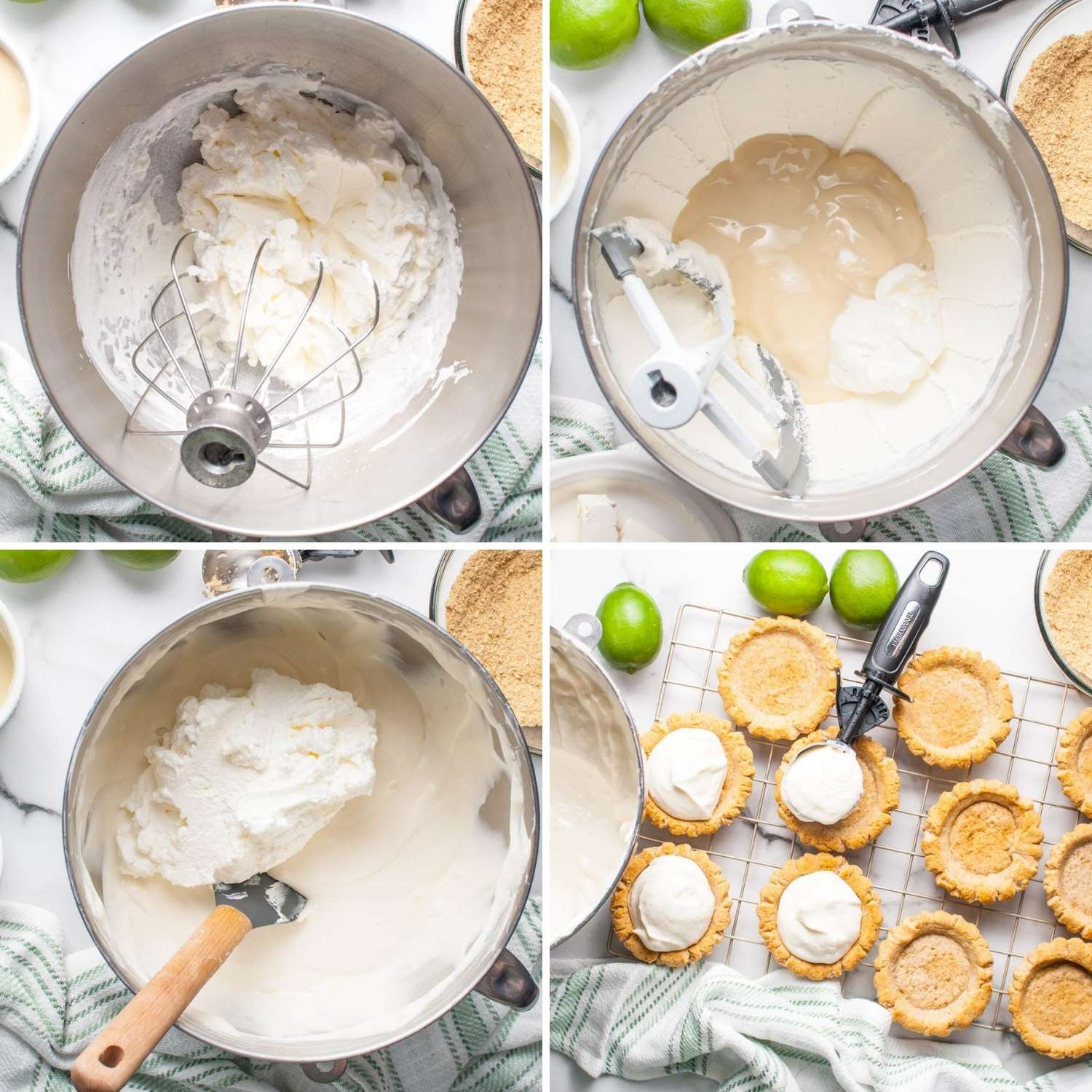 Four photos showing how to make key lime pie filling for crumbl cookies
