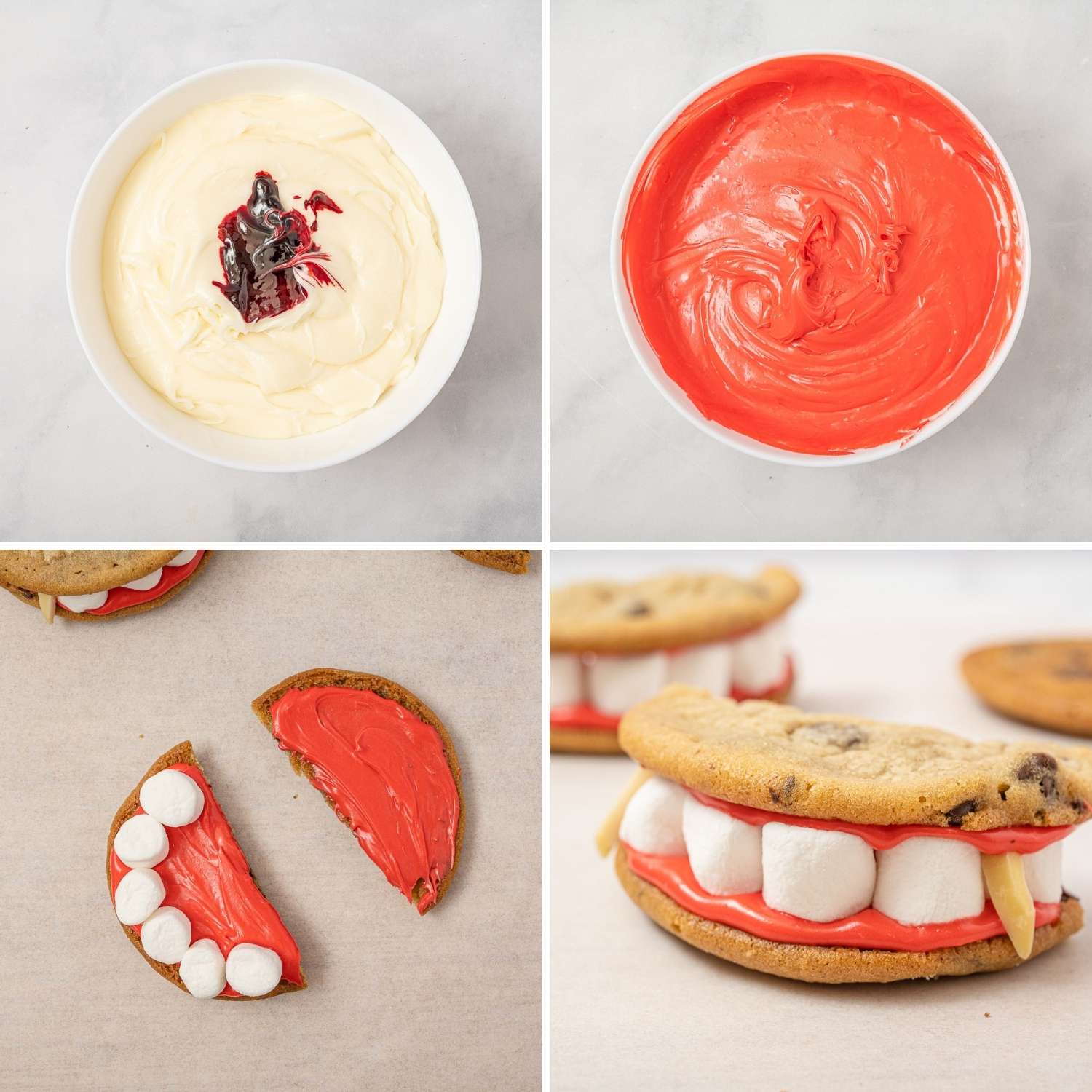 four photos showing the steps to decorate dracula fangs cookies