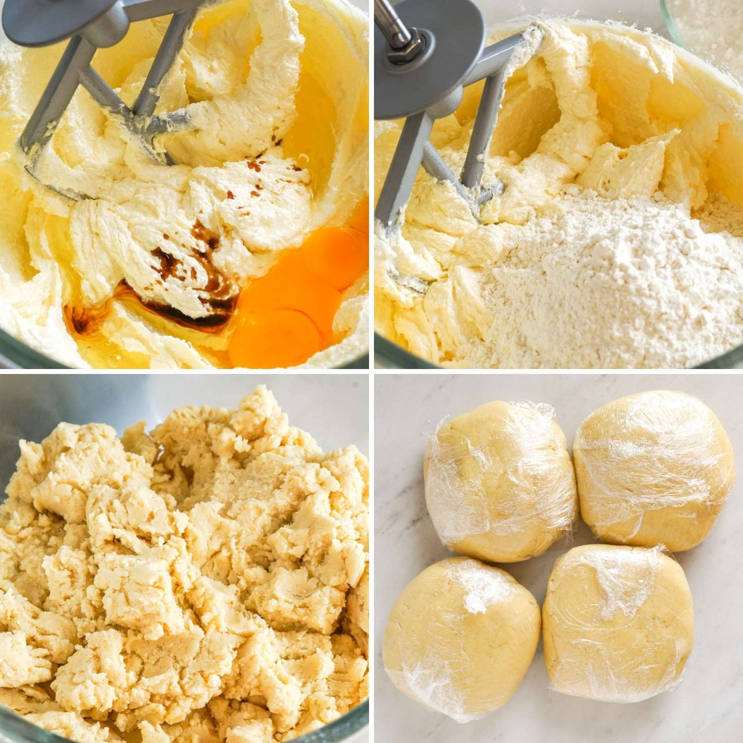 Collage of four images showing how to make a basic cookie dough