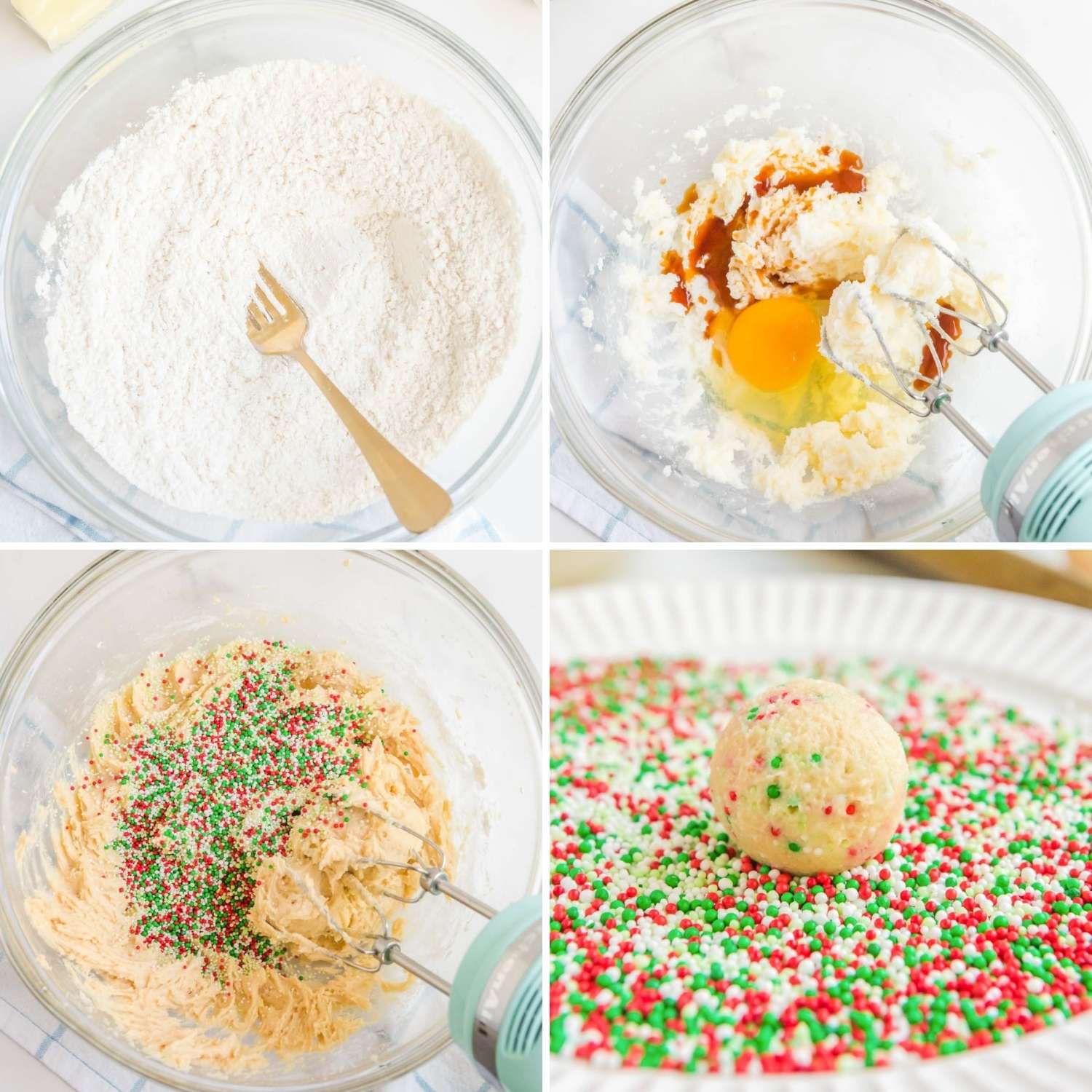 Collage of four images showing how to make sprinkle cookies