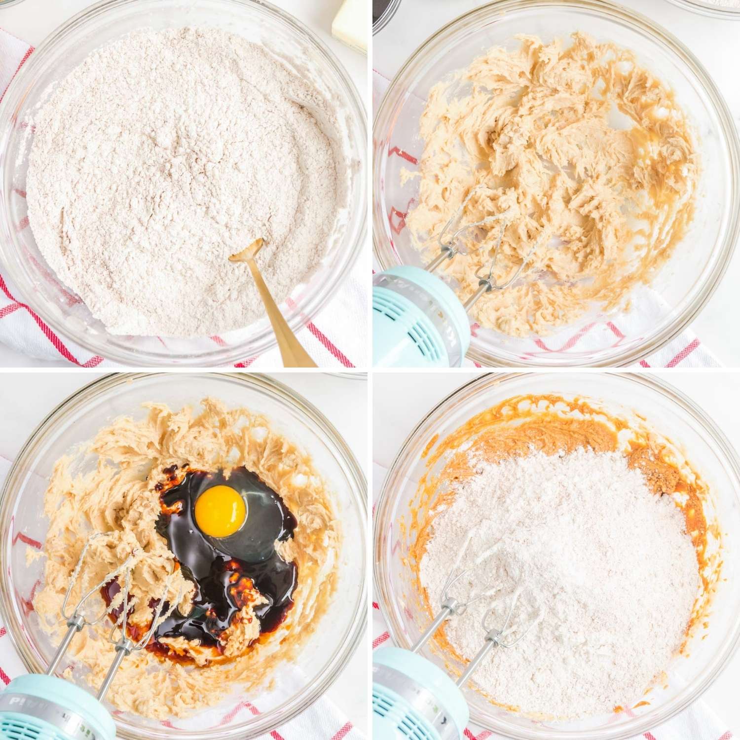 four images collaged together, showing how to make gingerbread cookie dough. 