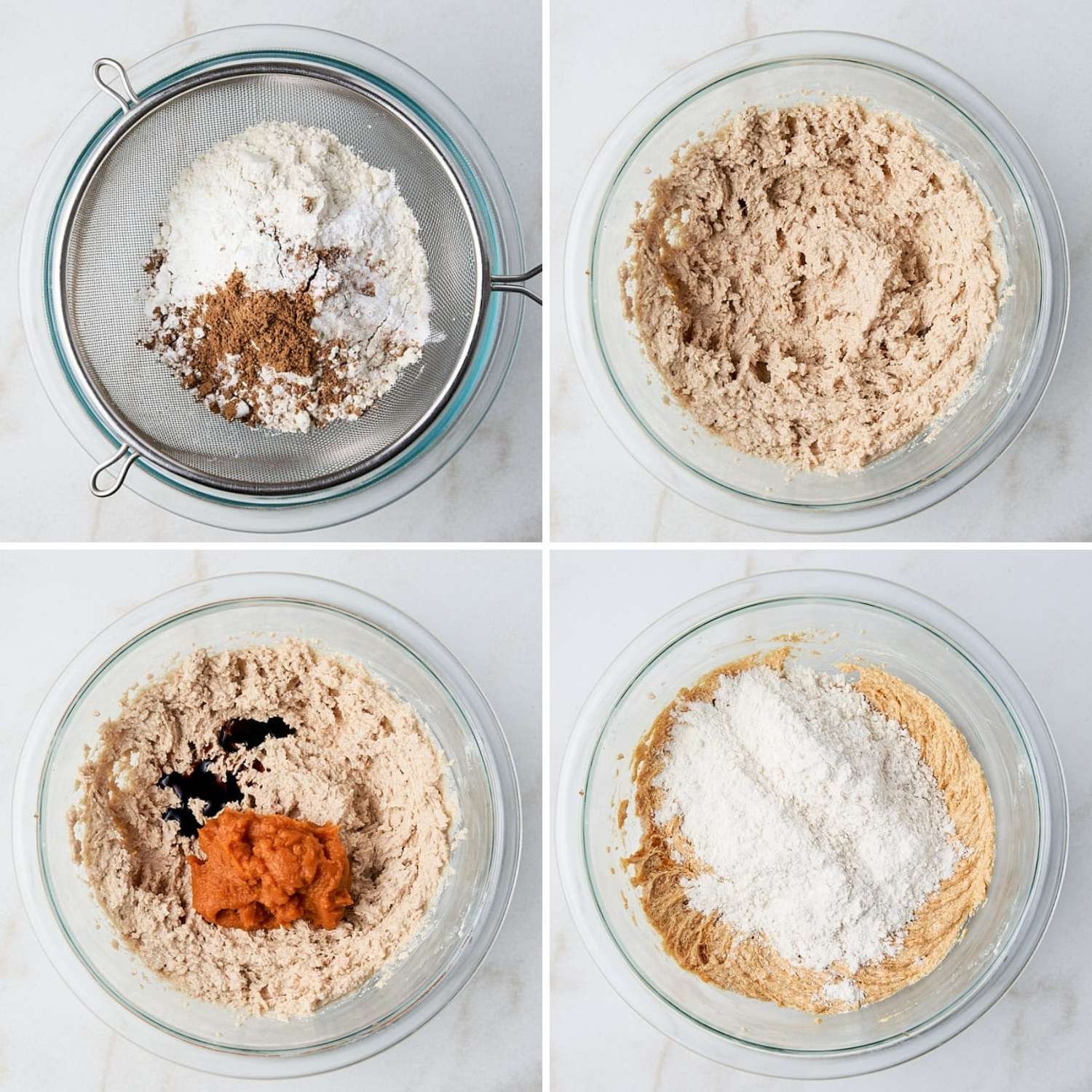 a collage of four images showing how to mix the dough for pumpkin snickerdoodles