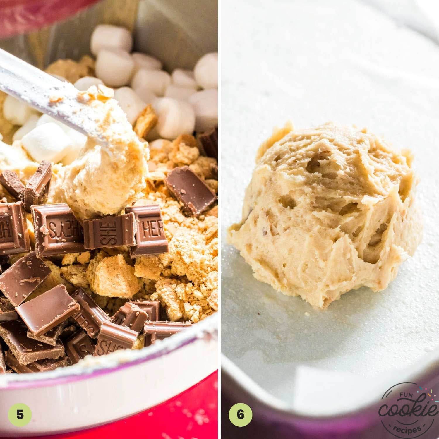 Collage of 2 images showing how to mix in add-ins in S'mores cookies and scoop into cookie dough balls