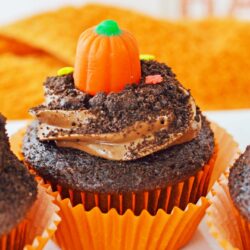 Close up shot of a pumpkin patch cupcake with orange wrapper, and a pumpkin candy on top.