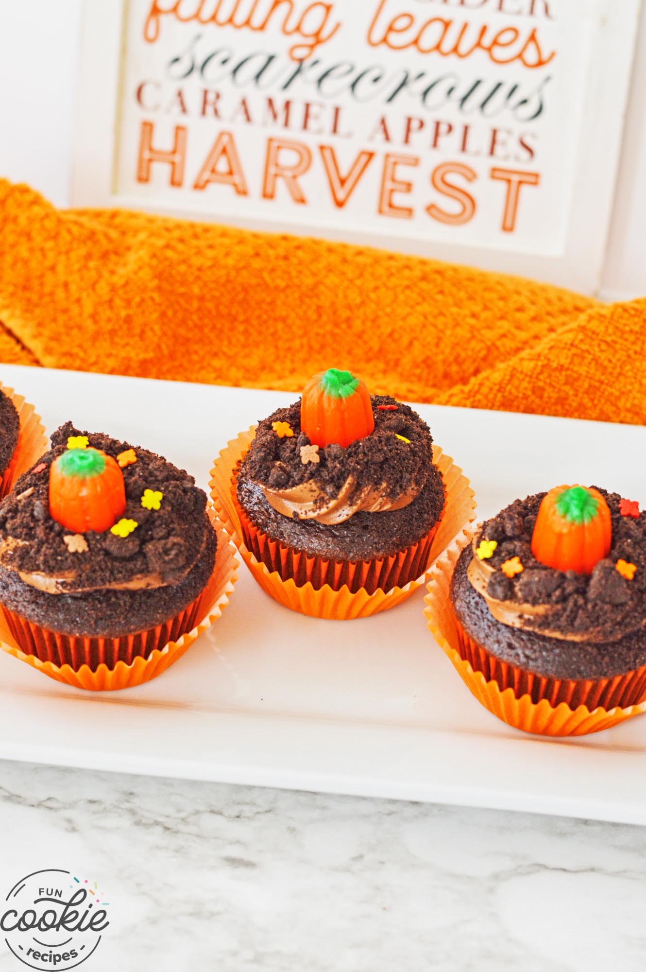 3 pumpkin patch cupcakes on a white plate