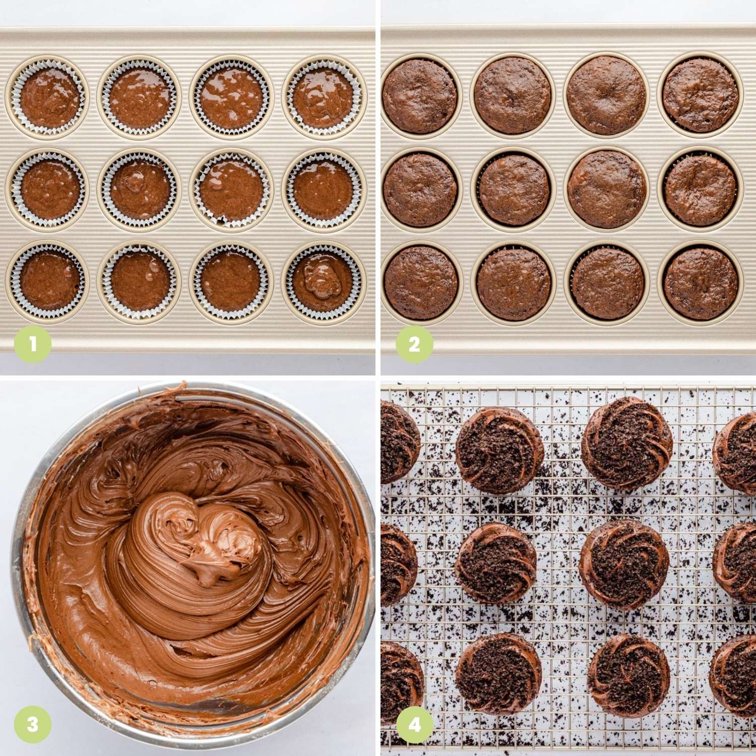 Collage of four images showing how to make chocolate cupcakes and the frosting