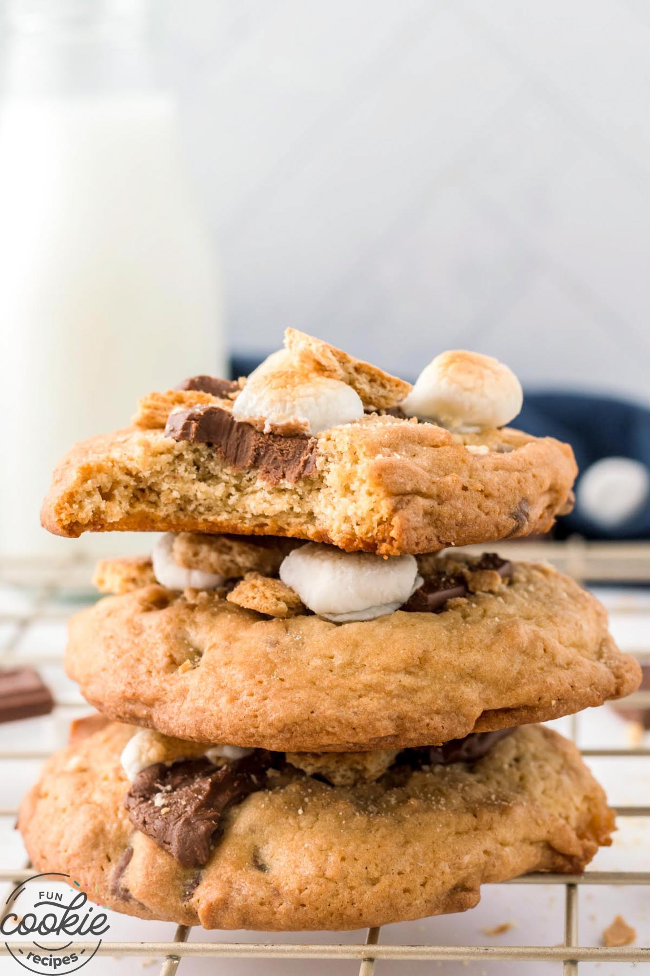 3 stacked S'mores cookies showing a bite shot