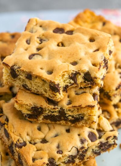 Close up shot showing a bite shot of cookie bars with chocolate chips