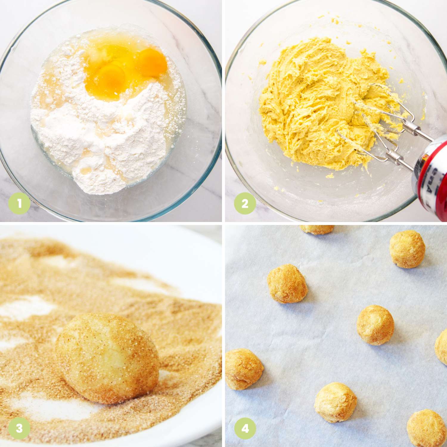 Collage of four images showing how to make cake mix snickerdoodle cookies