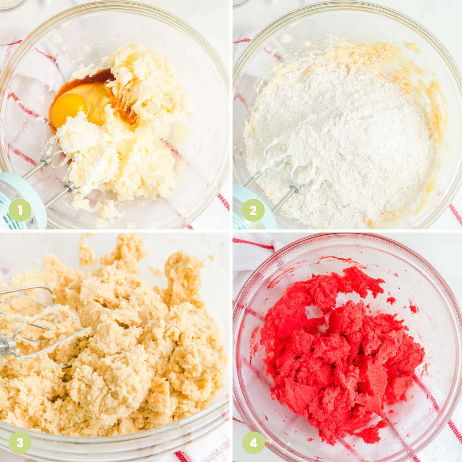 A collage of four images showing how to make cookie dough and color half of it red for candy cane cookies.