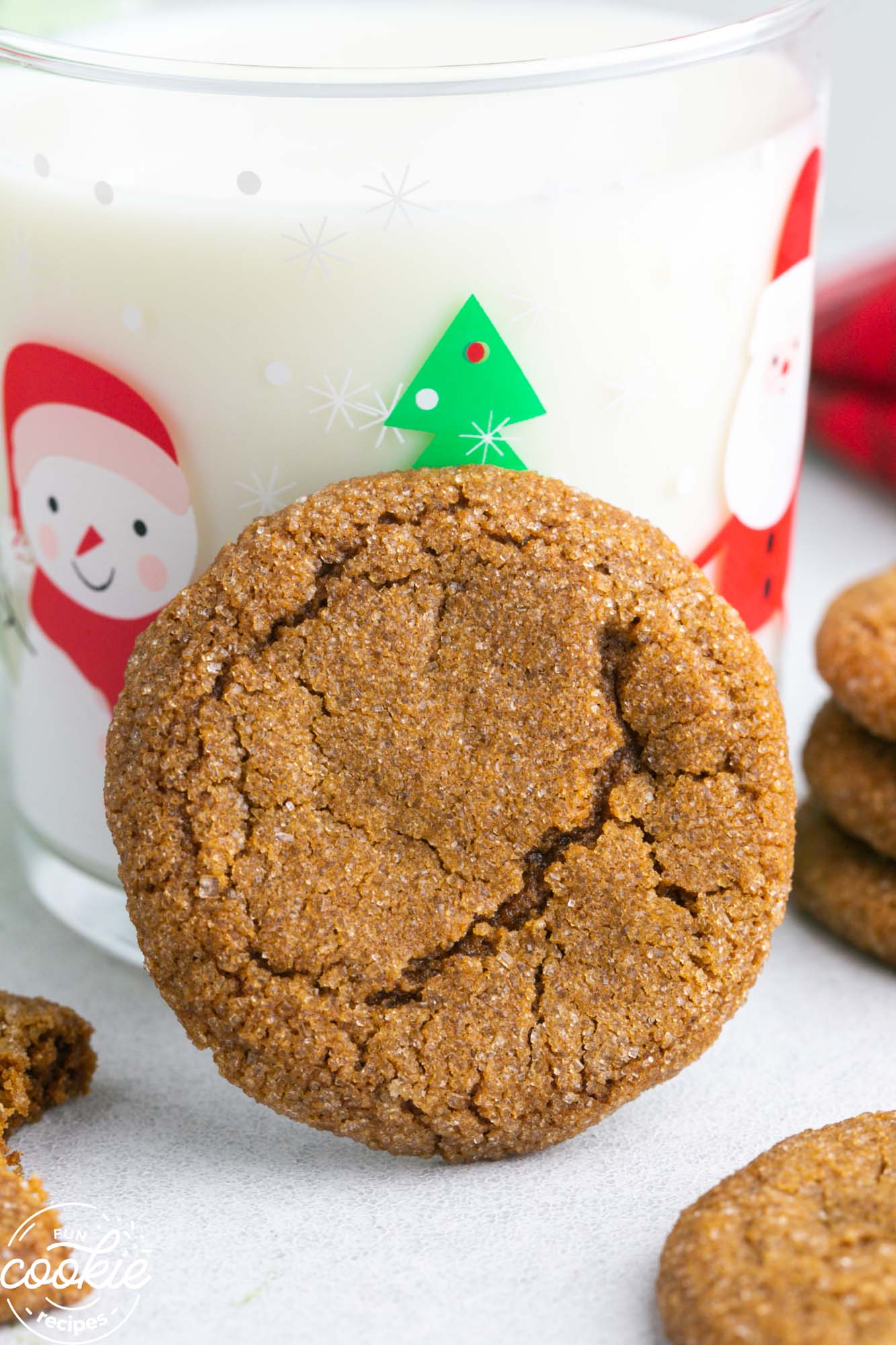 A gingersnap cookie standing in front of a christmas decorated glass of milk
