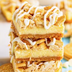 Stacked golden oreo white chocolate cheesecake squares